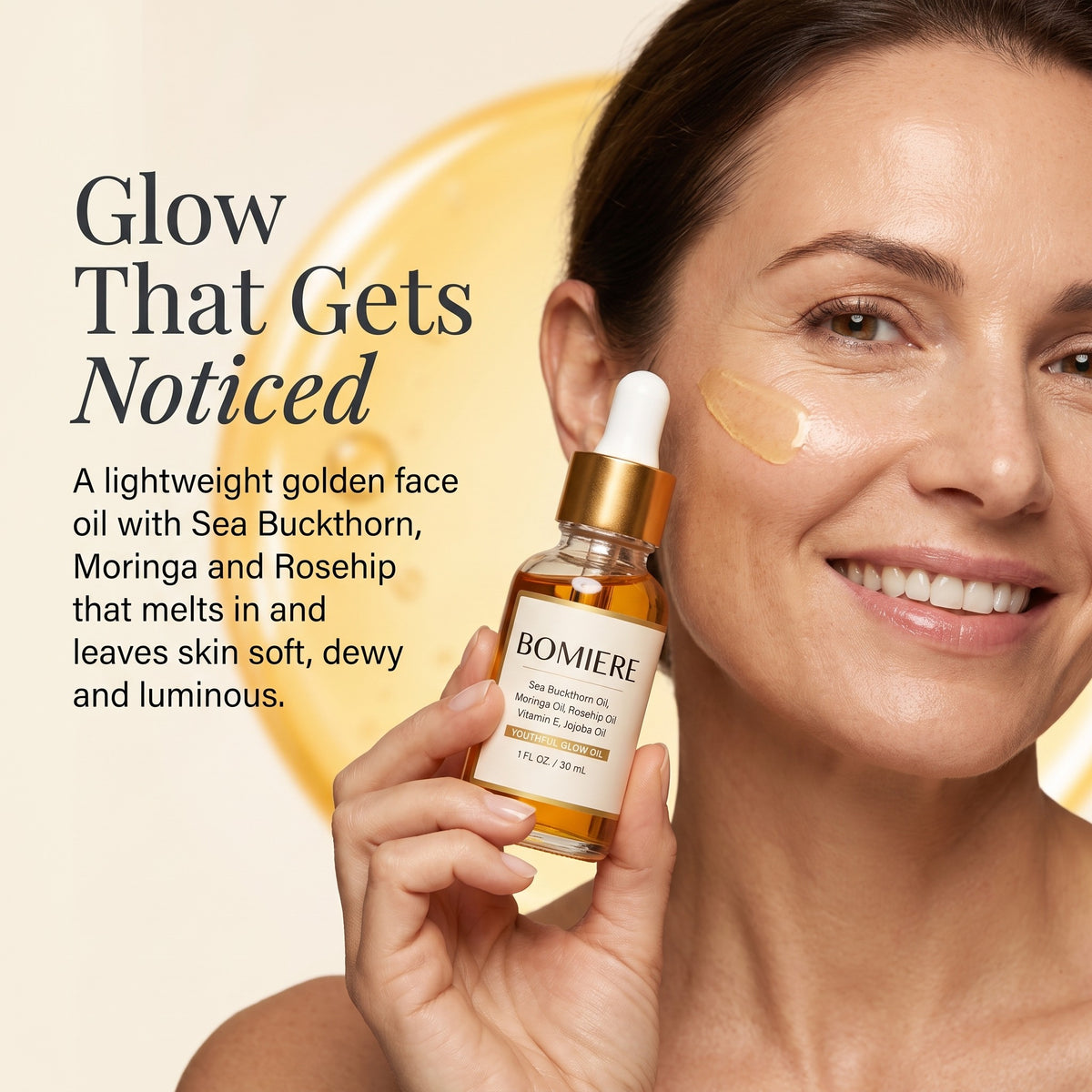 Youthful Glow Oil model headline infographic